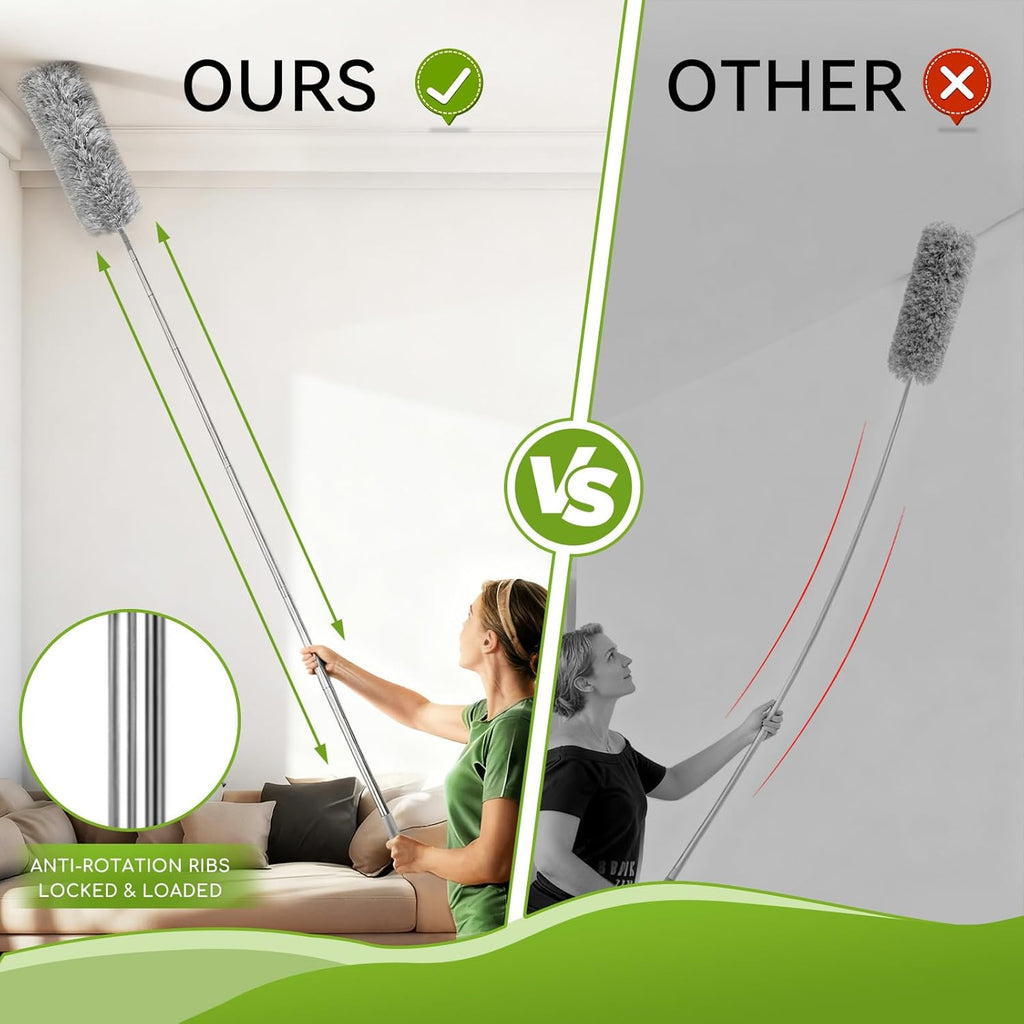 100-inch Duster with Extension Pole, 8-in-1 Cobweb Duster Kit Includes Chenille Head & Retractable Gap Cleaner, Spider Web Brush for High Ceiling, Fan, Car, and Home Cleaning