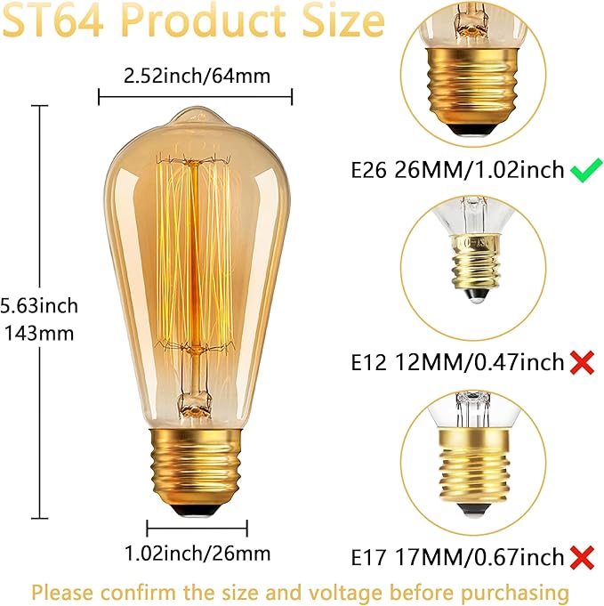 Antique Edison Light Bulbs 110V 60W 6 Pack, ST64 Decorative Incandescent Bulb 280LM 2200K Amber, Dimmable E26/E27 Base Vintage Bulbs Incandescent Light Bulbs for Chandeliers Wall Sconces