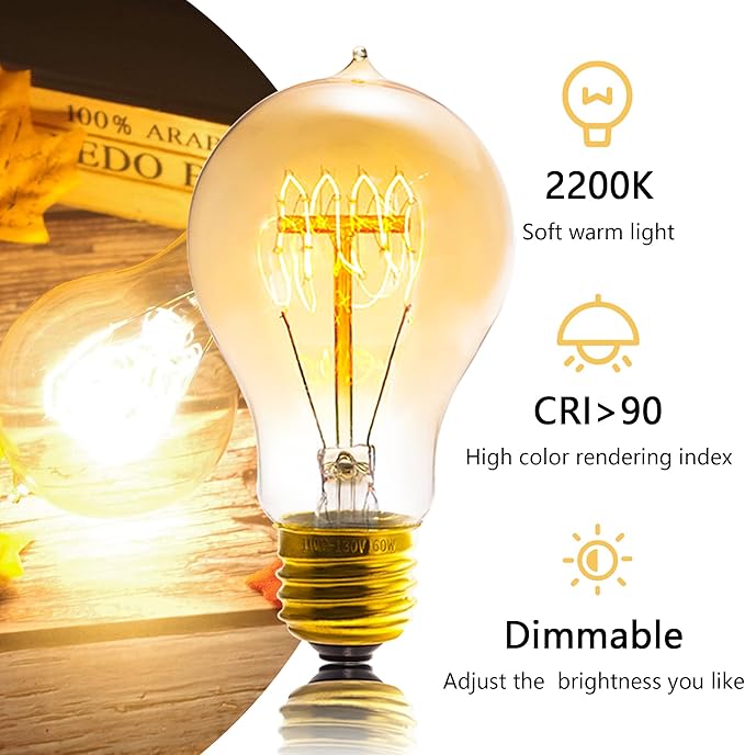 A19 Edison Light Bulb,E26 Incandescent Light Bulbs 60W Antique Vintage Bulb,2200K Dimmable Warm White 280 Lumens Amber Retro Decorative Old Fashioned Incandescent Bulb,Squirrel Cage 6 Pack