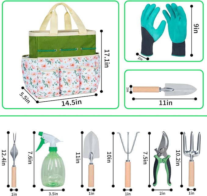 Garden Tool Set with Bag and Gloves, Stainless Steel Gardening Tool Set, Ideal Gardening Gifts for Women and Men, Set of 9