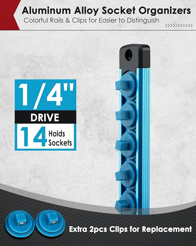 1/4" Magnetic Socket Holder Organizer - Aluminum Alloy Socket Rail Tray for Tool Box Drawer, Socket Rack with Extra 2Pcs Replacement Clips for Automotive Garage(Blue)