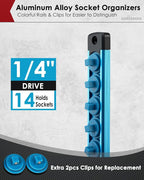 1/4" Magnetic Socket Holder Organizer - Aluminum Alloy Socket Rail Tray for Tool Box Drawer, Socket Rack with Extra 2Pcs Replacement Clips for Automotive Garage(Blue)