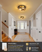 EAPUDUN Farmhouse Ceiling Light, Wooden Flush Mount Ceiling Light Fixtures with Clear Glass Shade, Retro 2-Light Ceiling Lamp for Hallway Entryway Bedroom Kitchen Dining Room FMA1443-FBDT