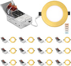 4-inch LED Recessed Lights - Slim Recessed Ceiling Light with Junction Box, 9W 5CCT Canless Lighting Fixture, Dimmable, Easy Install for Bedroom, Kitchen, Living Room, 12 Pack, Shiny Gold