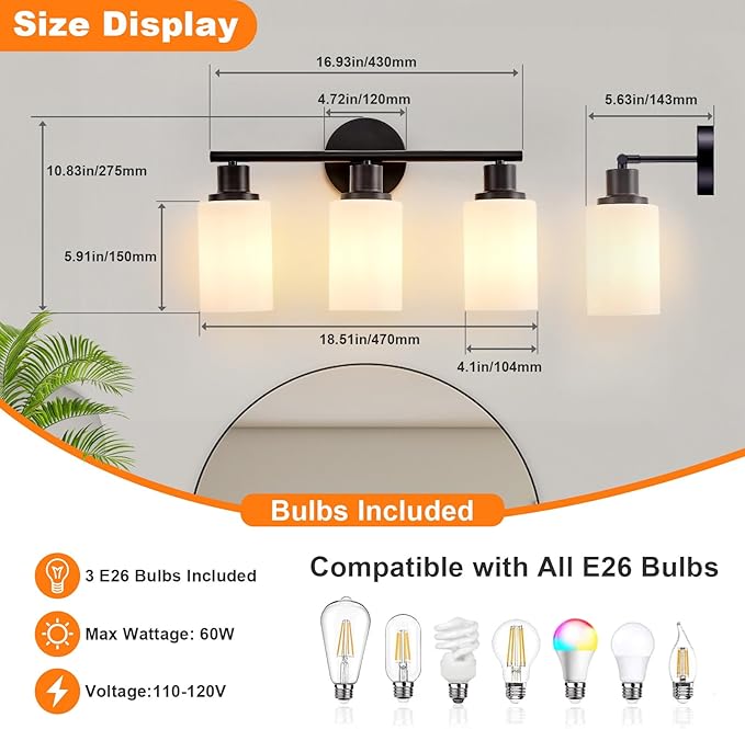 DLLT 3-Light Bathroom Light Fixtures: Black Modern Vanity Lights with E26 Bulbs - Milky White Glass Shade Bathroom Wall Lamp for Mirror Kitchen Living Room Hallway Cabinet Porch