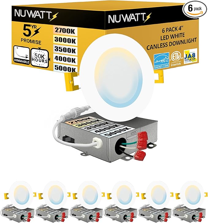 NUWATT 4 Inch Ultra Thin LED Recessed Lighting, 5CCT 2700K/3000K/3500K/4000K/5000K Selectable, 630LM, 9W, IC Rated, Dimmable Canless LED Wafer Light, White Trim, Metal Junction Box, ETL, 6 Pack