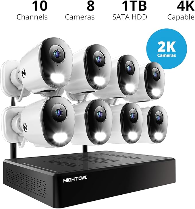 Night Owl 10 Channel Bluetooth Video Home Security Camera System with (8) Plug-in Wi-Fi 2K HD Indoor/Outdoor Spotlight Cameras with 2-Way Audio and 1TB Hard Drive (Expandable up to 10 Cameras)