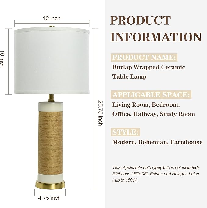 25.75” Rattan Ceramic Lamps for Living Room Set of 2, Farmhouse Table Lamp for Nightstand, White Lamps Set of 2 for Bedroom, Boho Ceramic Table Lamp for End Table