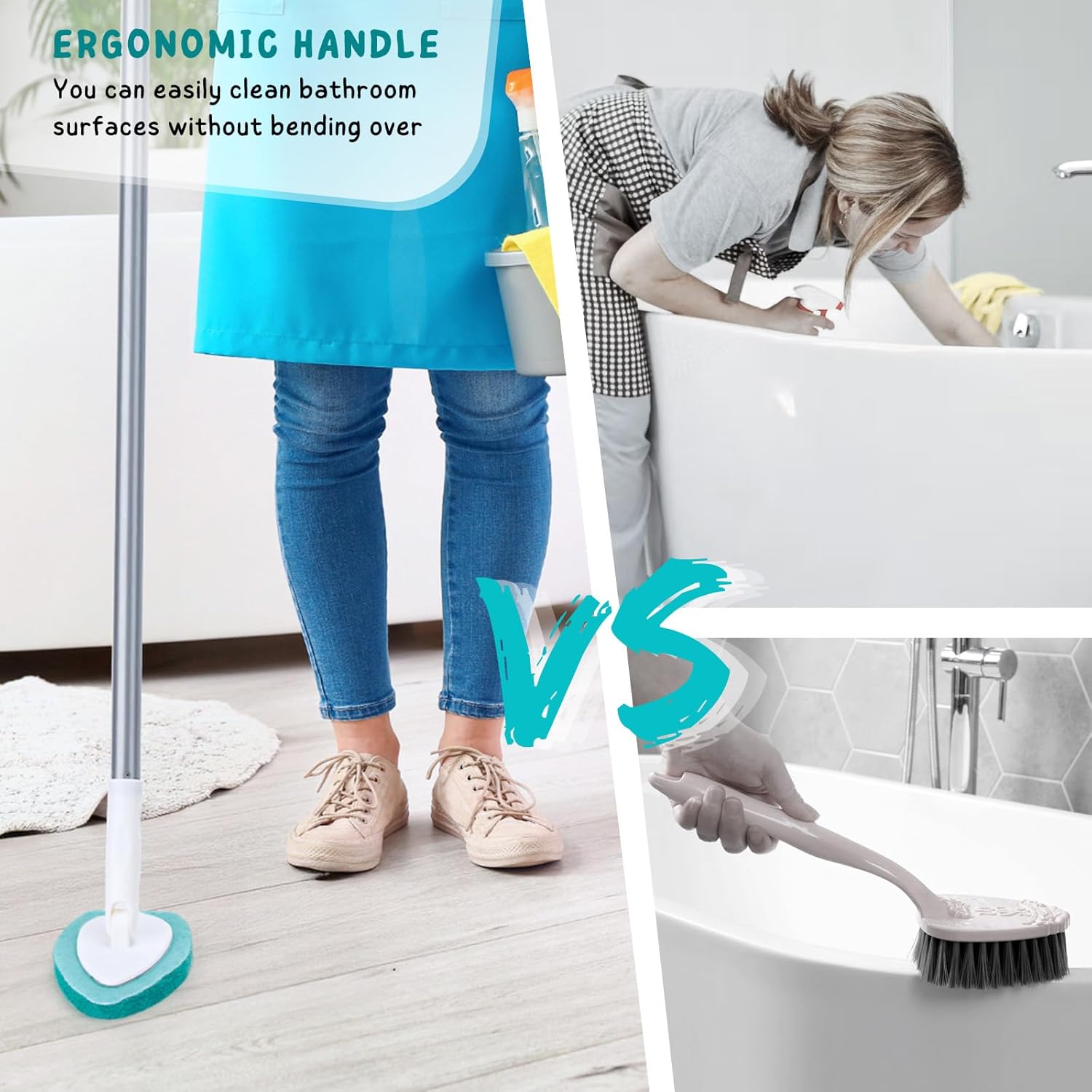 Shower Scrubber with Long Handle, 47'' Bathtub Scrub Brush, Bathroom Tub and Tile Cleaning Tool with 6 Refill Pads
