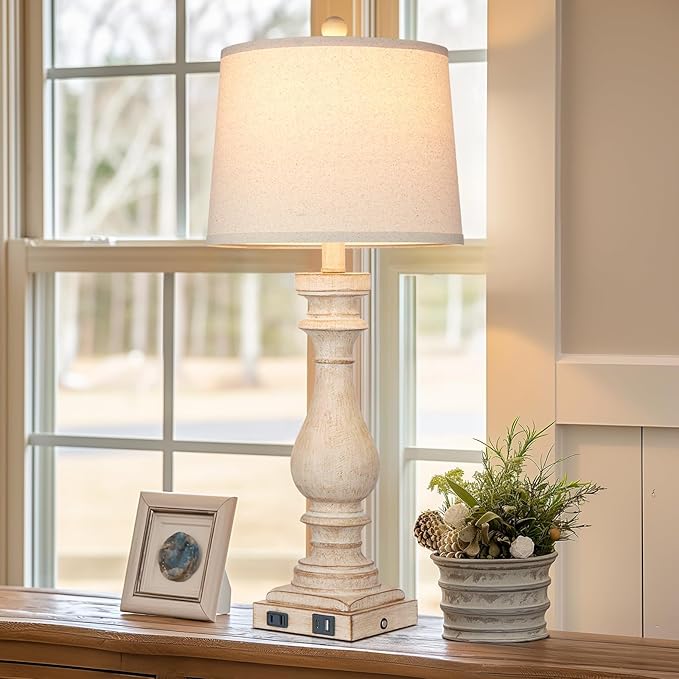 27.5" Tall Farmhouse Lamp,Vintage Bedside Nightstand Lamps with USB Charging Ports A/C,3-Way Dimmable Touch Control Retro Lamp for Bedroom Living Room,Single Beige