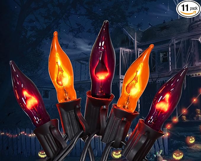 Orange and Purple Halloween Lights - Flickering Flame String Lights, 12.8Ft Indoor Outdoor Halloween Lights C7 Retro Flame String Lights, Ideal for Fall Halloweens Decorations for Home Party