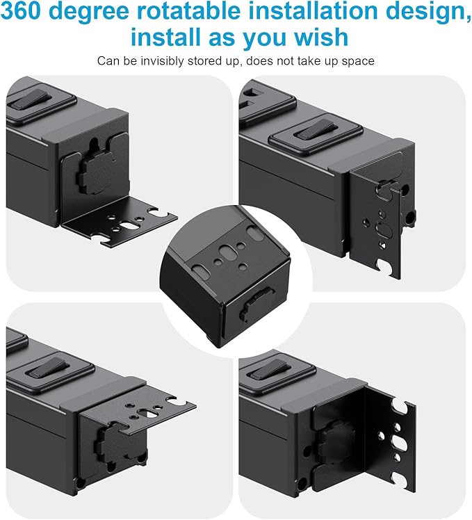 HHSOET Metal 360° Rotating Mountable Power Strip, 8 Outlet Gaming Table Mounted Outlet Strip, Heavy Duty Wall Mount Surge Protector with Switch, 15A 125V 1875W, 10ft Power Cord.(Black)