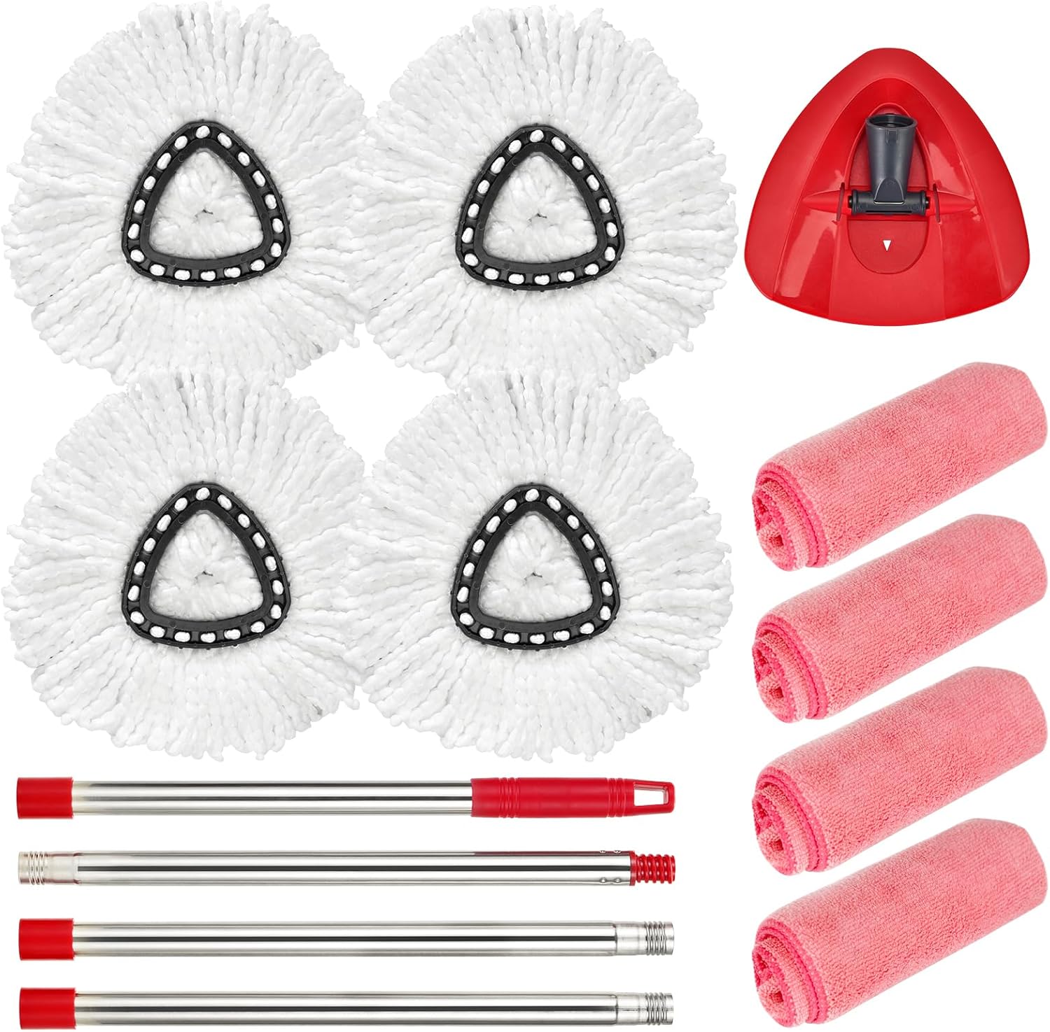 Matthew Spin Mop Replace Head Kit,Base,Handle Compatible with EasyWring Microfiber Spin Mop,4 Mop Refills Replacement Heads,30-58in Mop Handle and 1 Mop Base Combo Set White (1-Tank System)