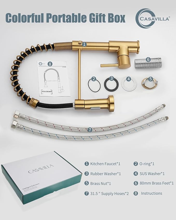 Kitchen Faucet, Brushed Gold Faucet for Kitchen Sink, Kitchen Sink Faucet with Pull Down Sprayer, Single Handle Stainless Steel Kitchen Faucets with Dual Function Spray Head