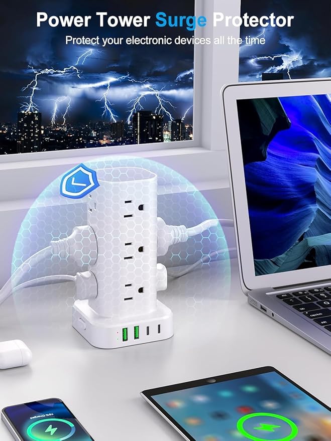 Power Strip Tower with Wireless Charger, Flat Plug Surge Protector Tower with 15FT Extension Cord, 12 AC Multiple Outlets, 4 USB (2 USB C),15W Wireless Charging Power Tower for Home Office Dorm,White
