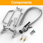 Commercial Sink Faucet Wall Mount with Pre Rinse Sprayer 8 inch Center Wall Mount Kitchen Sink Faucet 47" Height with 14" Add-on Swing Spout for 1/2/3 Compartment Sink