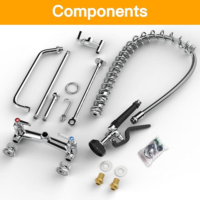 Commercial Sink Faucet Wall Mount with Pre Rinse Sprayer 8 inch Center Wall Mount Kitchen Sink Faucet 42" Height with 14" Add-on Swing Spout for 1/2/3 Compartment Sink