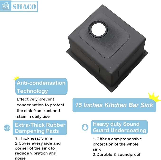 SHACO 15x15 Black Undermount Bar Sink, 15 Inch Gunmetal Black Single Bowl Kitchen Sink, Handmade Stainless Steel 16 Gauge Workstation Laundry Single Bowl with Accessories