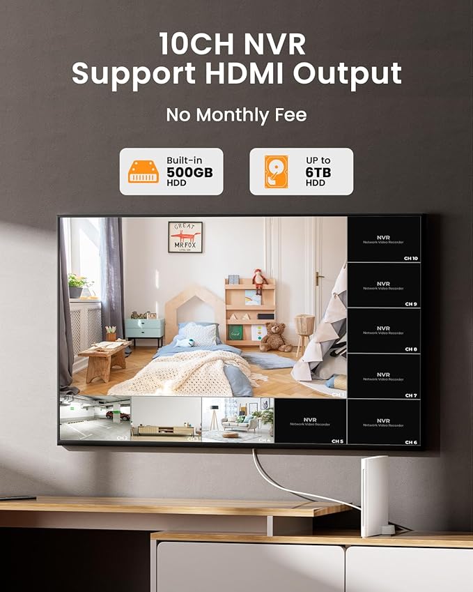 2K Solar Powered Security Cameras Wireless Outdoor, No Subscription, 6-Cam Pack, Home Security Camera System, 360° Pan & Tilt, Color Night Vision, 5G & 2.4G WiFi, 500GB HDD 10CH NVR, Motion Detection