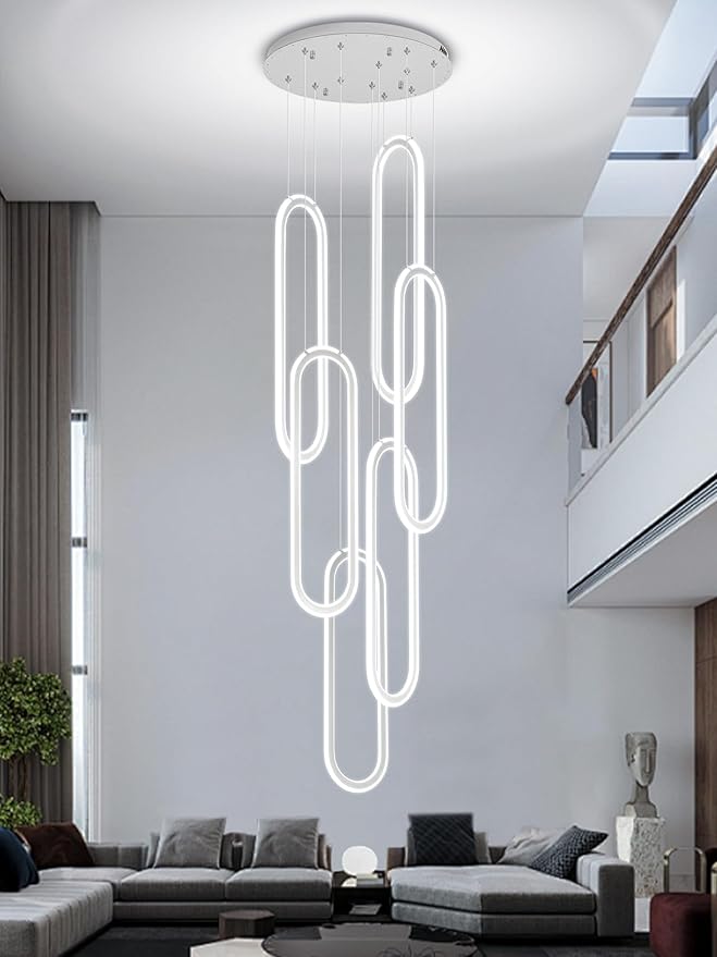 Flashing God H118 Modern Chandelier 6-Rings Contemporary Chandelier for High Ceiling Led Dimmable Large Pendant Lighting Chrome Ring Chandeliers for Villa Foyer Entrance Living Room