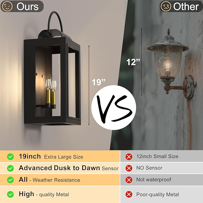 𝟏𝟗𝐈𝐍 Wall Lights Exterior Lighting Fixtures, Dusk to Dawn Outdoor Lighting for House, Large Black Light Outdoor Lanterns for Patio Waterproof, Outside Lights for House Front Porch Decor