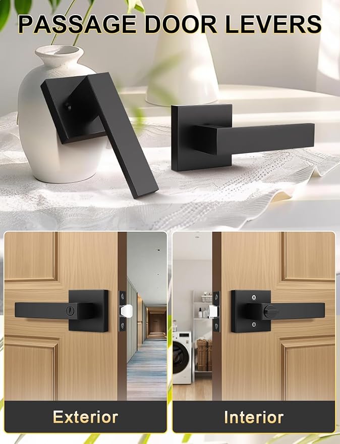5 Pack Square Black Door Handles Interior, No Lock Passage Door Lever for Left or Right Handing, Heavy Duty Matte Black Closet Door Handle Sets