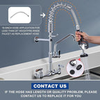 Commercial Kitchen Faucet Wall Mount with Pre-Rinse Sprayer 8 Inch Center Wall Mount Kitchen Sink Faucet with 9.6" Add-on Swing Spout 25" Height Faucet with Pull Down Spray
