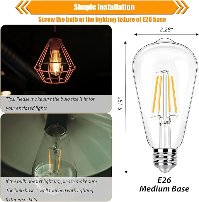 LED Light Bulbs 40 Watt Equivalent, 2700K Soft Warm Light Bulbs, 4W LED ST19 Edison Bulbs, 450LM, E26 Medium Base, High CRI 90+, Not Dimmable, Pack of 12