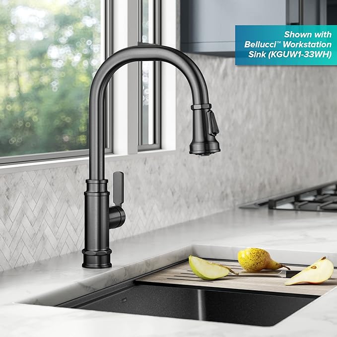 KRAUS Allyn Transitional Industrial Pull-Down Single Handle Kitchen Faucet in Spot-Free Black Stainless Steel