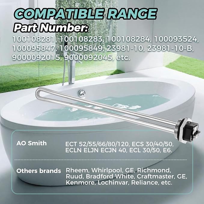 2 Pack 100108283 Water Heater Element Replacement for AO Smith Electric Water Heaters ECT 52/55/66/80/120, ECS 30/40/50, ECLN ELJN ECJN 40, ECL 30/50, E6, 4500W, 240V