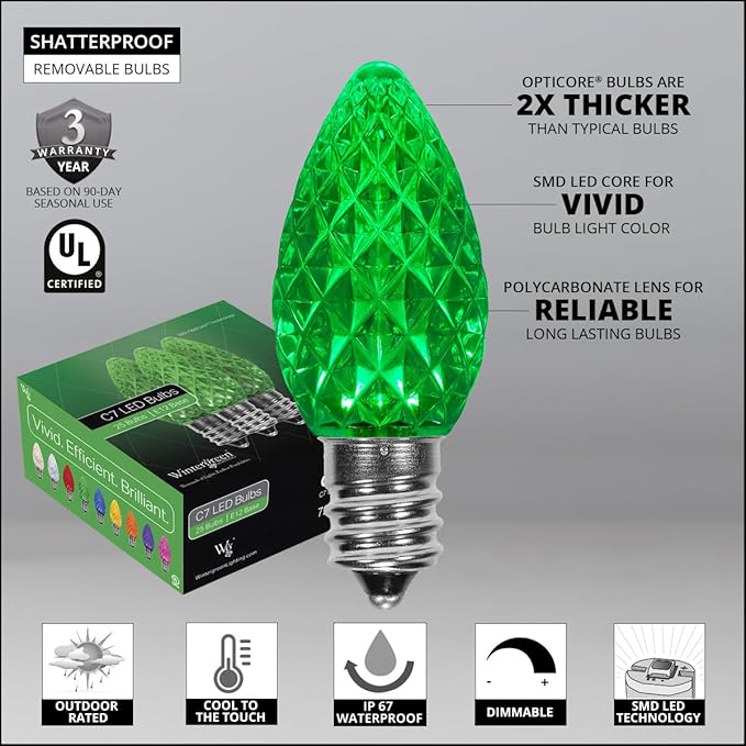 Wintergreen Lighting 25 Pack OptiCore C7 LED Christmas Light Bulbs - Heavy Duty Premium Outdoor Christmas Lights, E12 Base (Green Faceted)