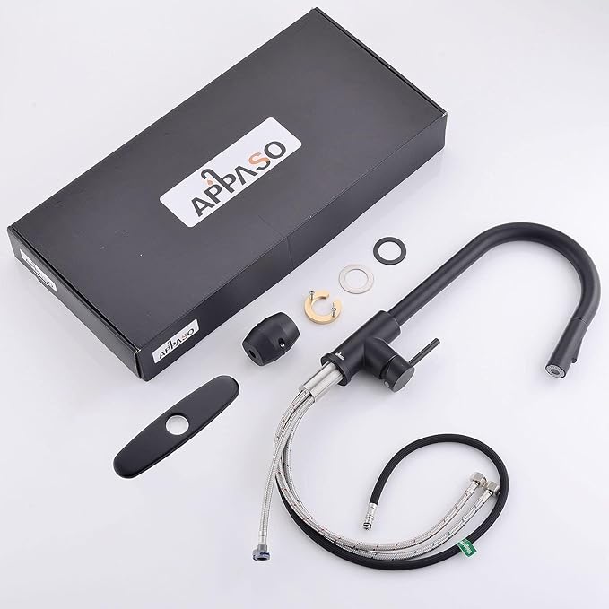 APPASO Kitchen Faucet with Pull Down Matte Black, Single-Handle High Arc Swan-Neck Modern Kitchen Sink Faucet with Optional Deck Plate Stainless Steel