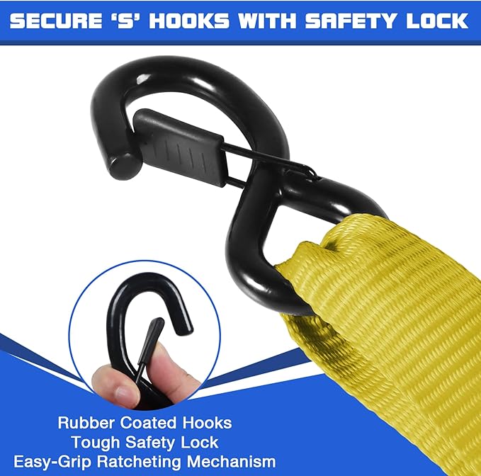 Truck Bed Tie Down Straps Ratchet Set 4 PK 15'x1.5 Inch 4400 lbs Load Rack Roof Car Accessories Heavy Duty Cargo Straps Ratching for Kayak,Moving Furniture,Boat,Trailer,Mattress Tie Downs Rope Yellow