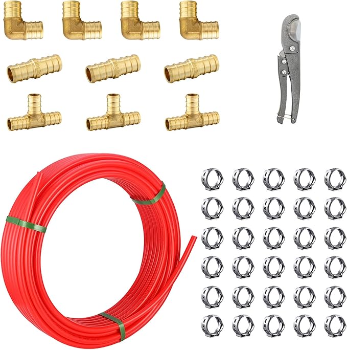 3/4 Inch-100 ft Foskan Red PEX-B Pipe,Water Tubing with a Pipe Cutter,10 PCS 3/4" Brass Crimp Fittings & 30 PCS PEX Clamps