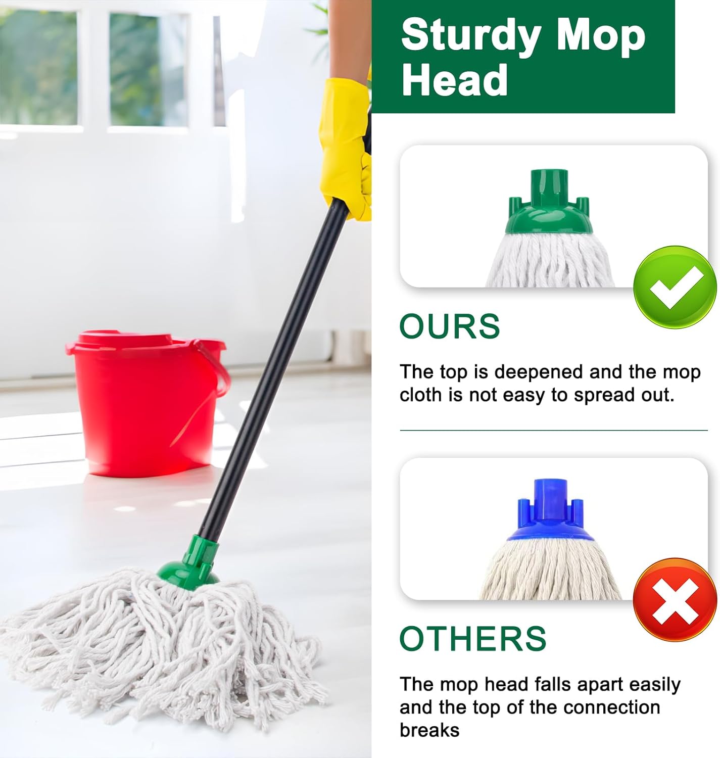 KeFanta Mop for Floor Cleaning,2 Pcs Cotton String Wet Mops Replacement Head Compatible with Microfiber Cloth Mop Refill & 0.8" Diameter Mops Handle,Green(1 Handle & 2 Heads)