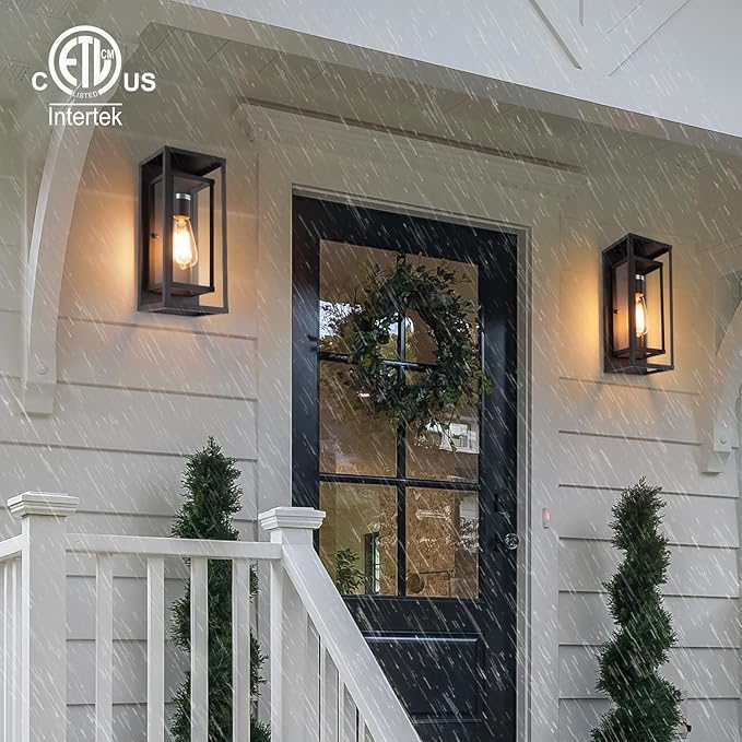 mirrea 14" Classic Outdoor Wall Sconce 1 Light in Matte Black Rectangular Metal Frame and Clear Glass Shade Waterproof Porch Light Patio Light Pack of 2