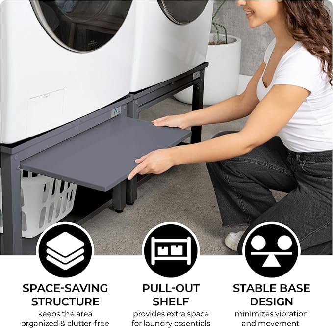 Washer and Dryer Pedestals with Pullout-Shelf - 29" W, 18" H, Gray Steel Universal Fit with Major Brands | Laundry Pedestal with Drain Pan & Hose | Washer Stand for Back Pain Relief, 800 lbs Capacity