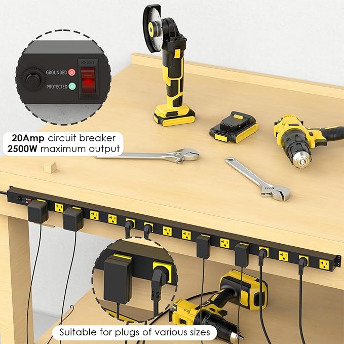 JUNNUJ Long Metal 16 Outlet Power Strip, Heavy Duty Power Strips Surge Protection 4800J with Circuit Breaker, 20a Wide Spaced Socket Wall Mount 5-15P Adapter High Amp 6-20R T-Slot 15FT Extension Cord