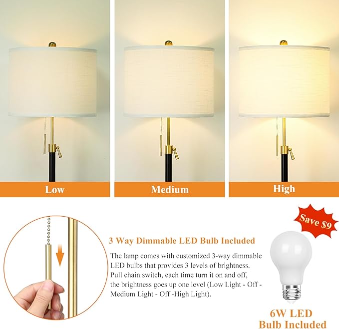 Floor Lamp for Living Room Adjustable Tall Standing Lamp, 3-Way Dimmable Floor Lamp for Bedroom Office, Black Gold Lamp with Marble Base and White Linen Shade