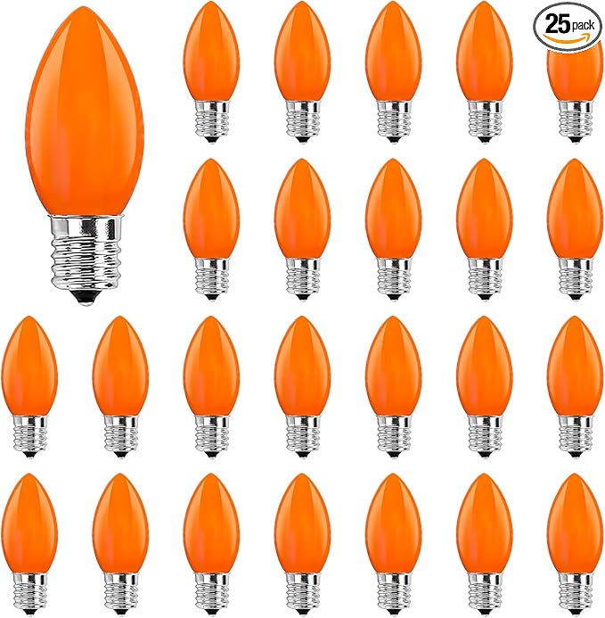 Abeja 25 Pack C9 Halloween Replacement Light Bulbs, Orange Ceramic Christmas Lights for Halloween Outdoor Patio Indoor Xmas String Lights, C9/E12 Candelabra Base, 7 Watt, Orange