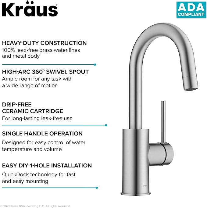 KRAUS Spot Free Oletto Single Handle Kitchen Bar Faucet in All-Brite Stainless Steel Finish, KPF-2600SFS (Pack of 1)
