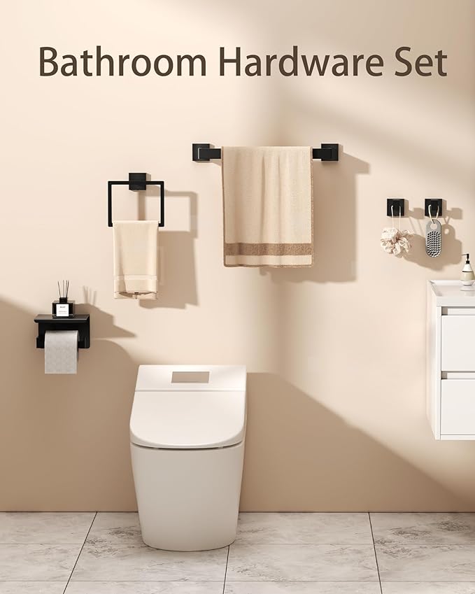 Matte Black Bathroom Hardware Accessories Set, 10-Piece Stainless Steel Towel Rack Set with 2×24" Towel Bars, 2×Toilet Paper Holders with Shelves, 2×Towel Rings, 4×Towel Hooks