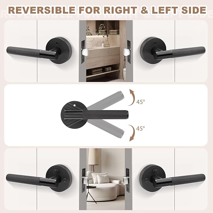 Matte Black Privacy Door Handle Modern, 4 Pack Keyless Interior Door Lever, Knurled Round Door Lock Set for Bedroom and Bathroom, Reversible for Right & Left Side