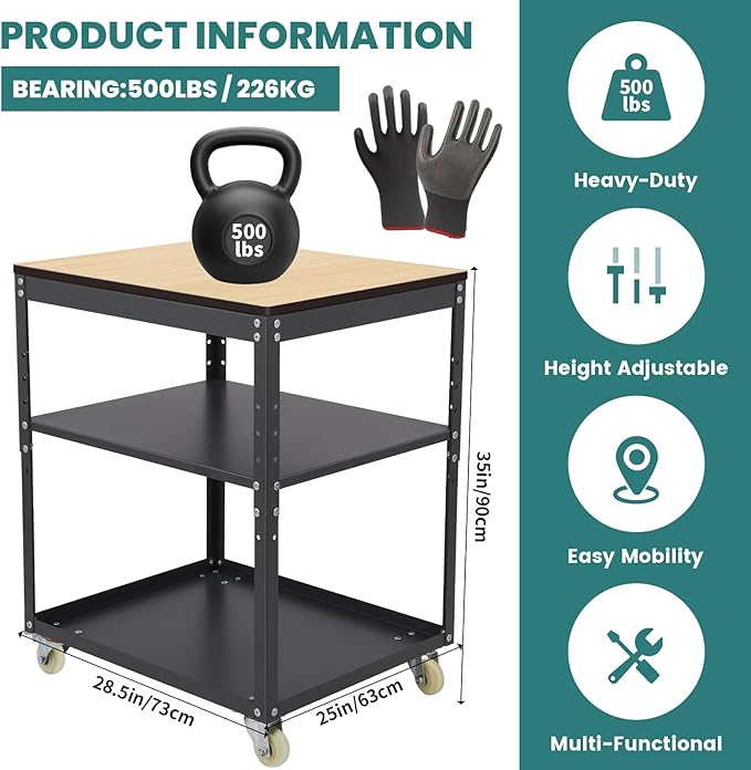 Planer Stand,Height Adjustable Planer Table with Wheels, 500 lbs Load Capacity Three-Tier Storage Tool Stand for Planers, Miter Saws, Table Saws, and Power Tools