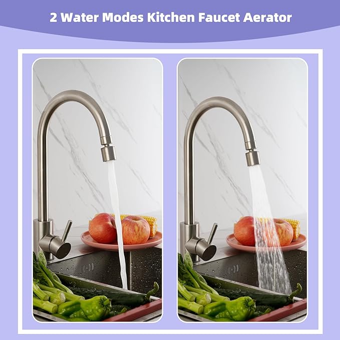 Hibbent NSF/ANSI/CAN 61 Certified Faucet Aerator, CUPC Certification 360 Degree Swivel Kitchen Sink Aerator, 2-Flow Sprayer Faucet Replacement Part 55/64 Inch Female Thread - Brushed Nickel