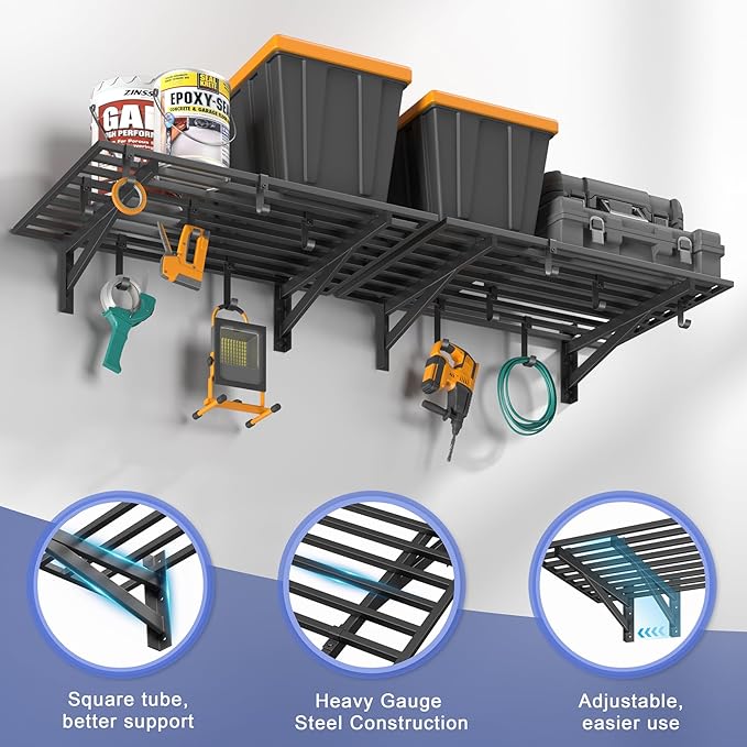 4-Pack 2x3ft Garage Shelving Wall Mounted, 2' x 3' Heavy Duty Garage Storage Shelves with Hooks, 800LB Capacity
