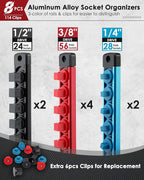 8PCS Magnetic Socket Holder Organizer Set - 1/4, 3/8, 1/2 - Aluminum Alloy Socket Rail Trays for Tool Box Drawer, Socket Rack Kit with 114Pcs Clips for Automotive Garage(Blue Red Black)