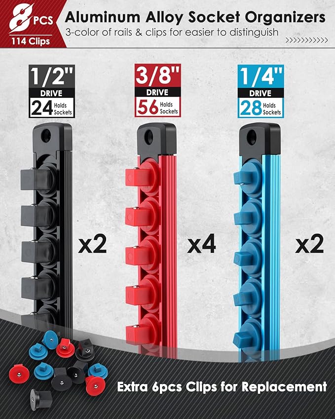 8PCS Magnetic Socket Holder Organizer Set - 1/4, 3/8, 1/2 - Aluminum Alloy Socket Rail Trays for Tool Box Drawer, Socket Rack Kit with 114Pcs Clips for Automotive Garage(Blue Red Black)