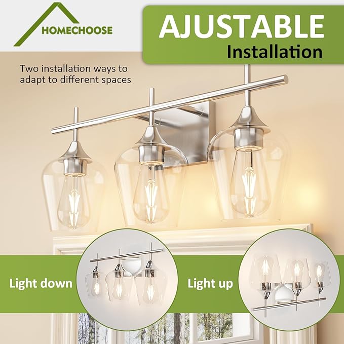Vanity Bathroom Light, 3-Light Bathroom Light Fixtures Over Mirror, Silver Vanity Lights for Bathroom with Clear Glass, Modern Wall Lamp for Cabinet Hallway, Bedroom