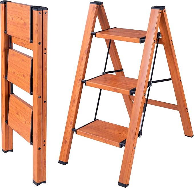 Step Ladders Folding 3 Step Stool Woodgrain Finish Aluminum,Tripod Anti-Slip Portable Sturdy for Home & Kitchen Office 330 lbs